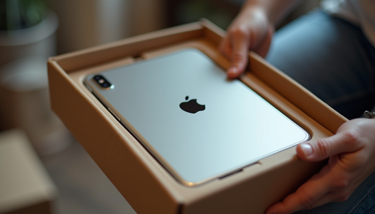 High angle view of an iPad being packed carefully for shipping in a repair service box