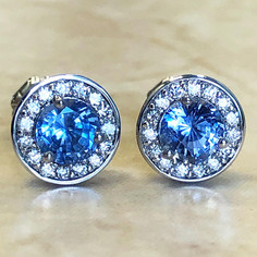 Custom-Made White Gold Natural Sapphire & Diamond Halo Stud Earrings