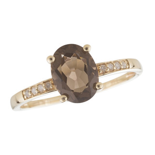June: Yellow Gold Oval Smoky Quartz and Diamond Ring