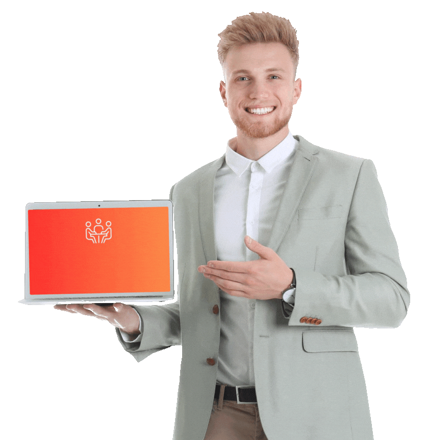 Professional presenting architectural outsourcing services on laptop screen with modern orange branding – LynxPros architectural solutions