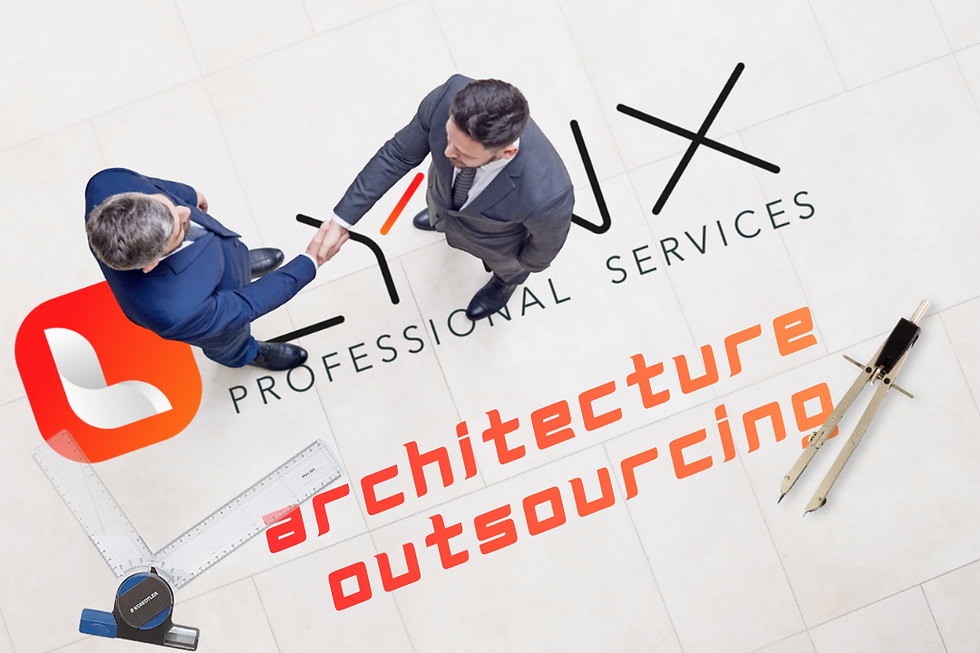 Two businessmen shake hands over a Professional Services logo with architecture outsourcing text and drafting tools on a white floor.