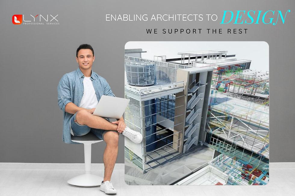 Man with laptop on stool beside 3D building model; LYNX logo and text Enabling Architects to Design, We support the rest.