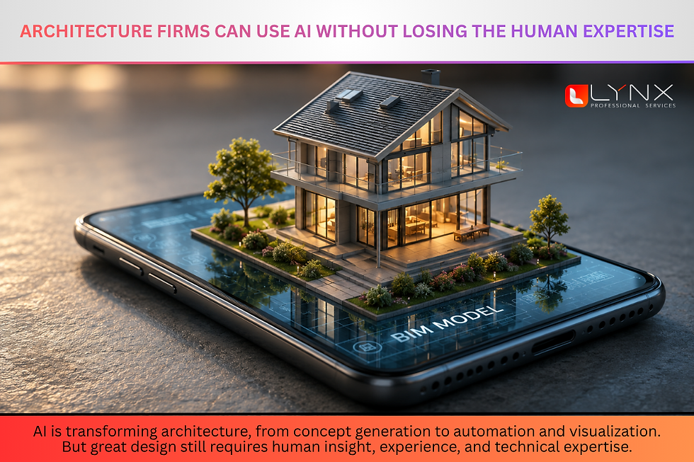 Miniature modern house model sits on a smartphone labeled BIM MODEL, with AI architecture branding and LYNX logo.