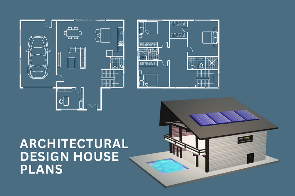 3D architectural house plans on a blue background. The model shows a home with solar panels and a pool, while the text "Architectural Design House Plans" is displayed prominently.