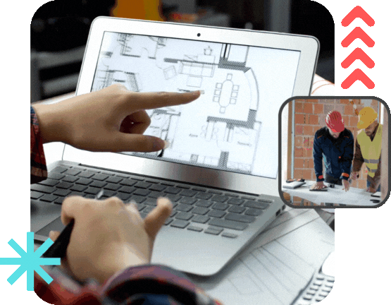 A professional pointing to an architectural blueprint on a laptop screen. In a small inset frame, two construction workers in hard hats review plans together.