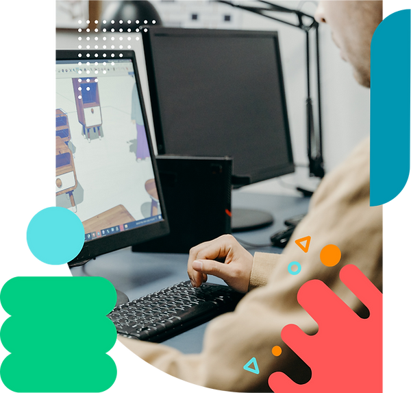 A person sits at a desktop computer, designing a 3D classroom scene using modeling software. The screen shows desks and furniture in a stylized layout. The image includes abstract, colorful shapes and patterns, blending tech creativity with digital design.