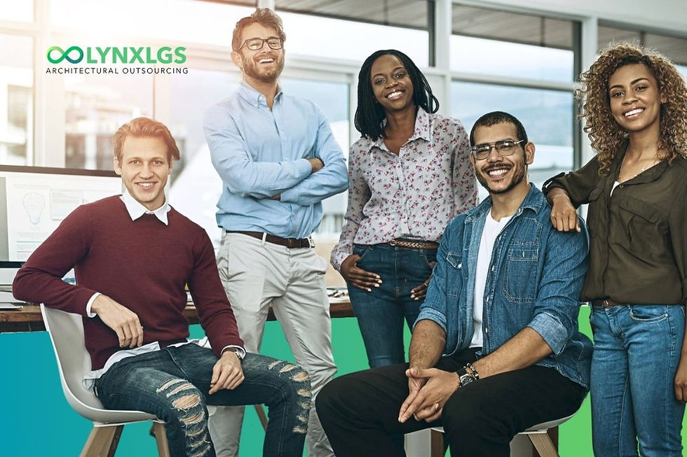 Five people smiling in an office setting with computers behind. They're dressed casually. Logo reads: LINXLGS Architectural Outsourcing.