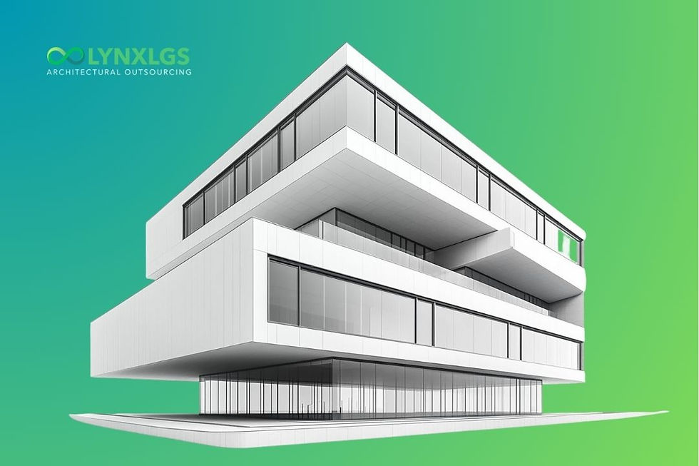 Modern white building with large windows on a green gradient background. Text: LYNXLGS, Architectural Outsourcing. Minimalist design.
