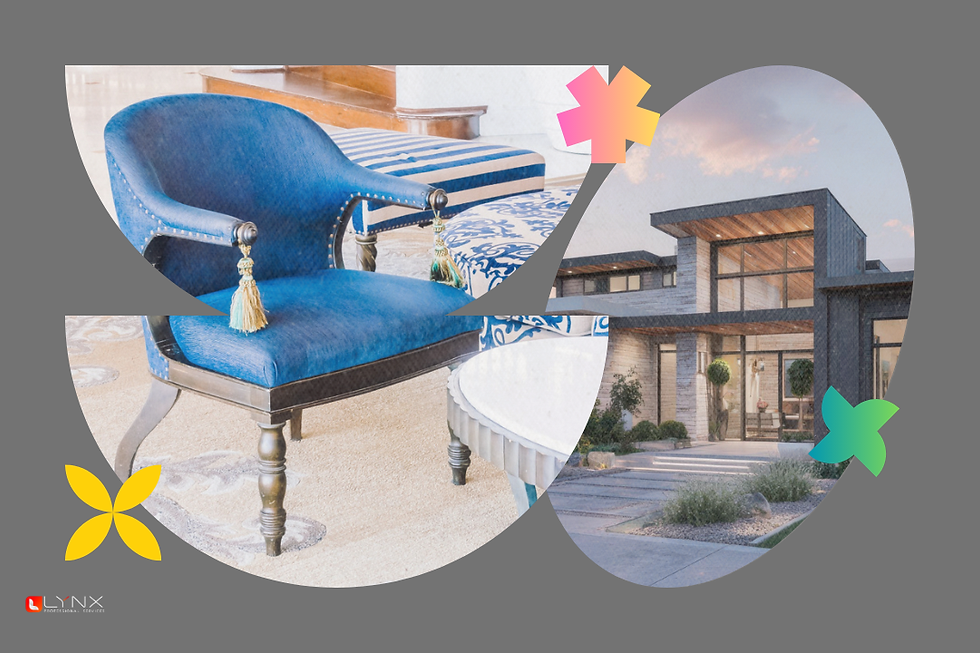 Collage of a blue velvet chair and patterned stools indoors beside a modern house exterior at dusk; LYNX logo at bottom.