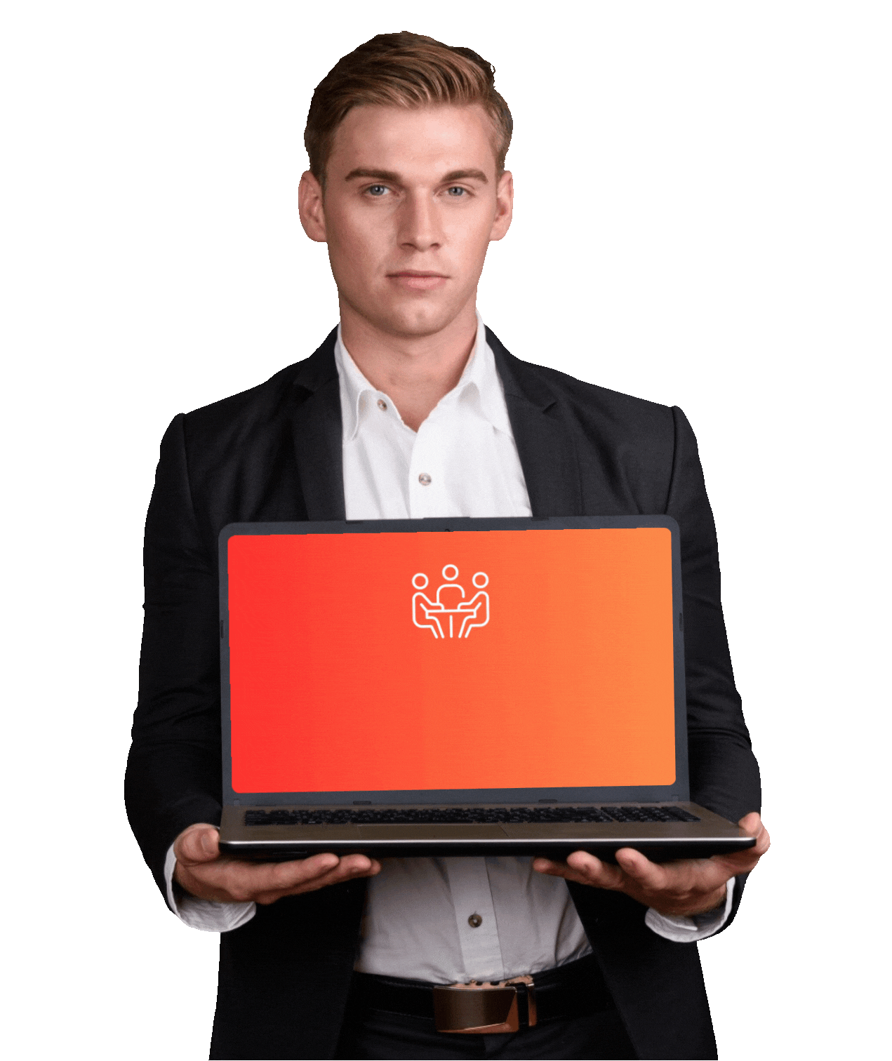 Professional architect presenting a laptop displaying the Lynx Professional Services logo, symbolizing architectural design and drafting support.