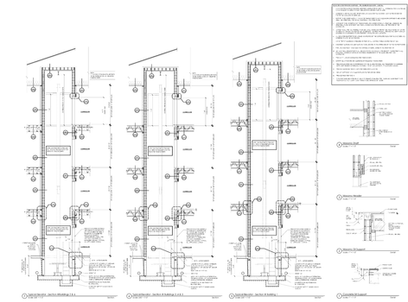 Technical architectural drawing sheet for the Apartment Community Project on lynxpros.com, showcasing detailed multi-story elevator shaft sections including "Typical Elevator - Section (Buildings 2 & 4)", "Typical Elevator - Section (Buildings 3, 4 & 5)", and "Typical Elevator - Section (Building 1)", accompanied by specific connection details for Masonry Shaft, Masonry Header, Masonry Sill Support, and Concrete Sill Support, along with general construction notes.