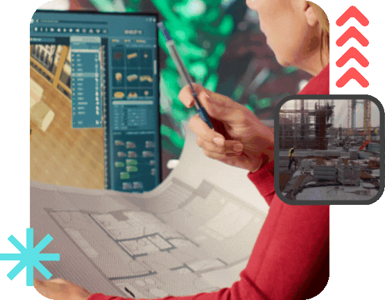 A professional in a red shirt analyzes architectural floor plans while referencing a 3D modeling program on a screen. An inset video shows active construction work at a job site, symbolizing the connection between design and real-world execution.