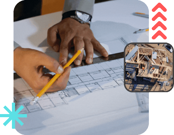 Texas architect using pencil and scale ruler to draft building plans, with inset of construction site, representing Lynx Professional Services’ architectural drafting and outsourcing solutions that help local firms streamline design documentation, Revit modeling, and project coordination.