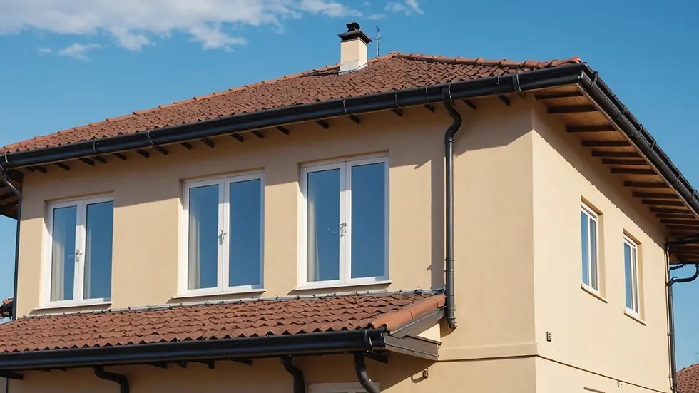Eye-level view of a house with clean gutters and a clear sky