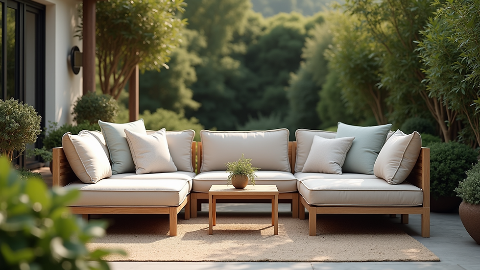 Eye-level view of a cozy outdoor seating arrangement with cushions and a small table