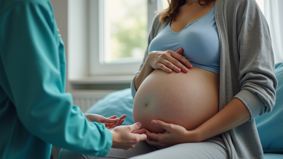 Eye-level view of a pregnant woman receiving pre-natal care