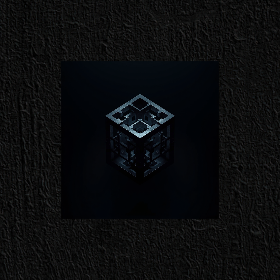 Geometric metal cube structure on textured black background, creating a mysterious, abstract atmosphere.