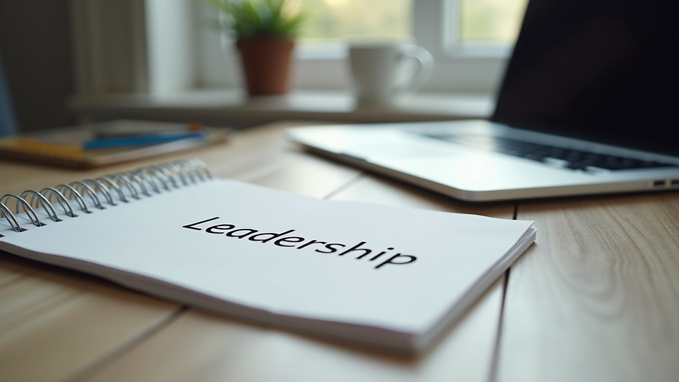 Eye-level view of a modern workspace with a laptop and notes on thought leadership