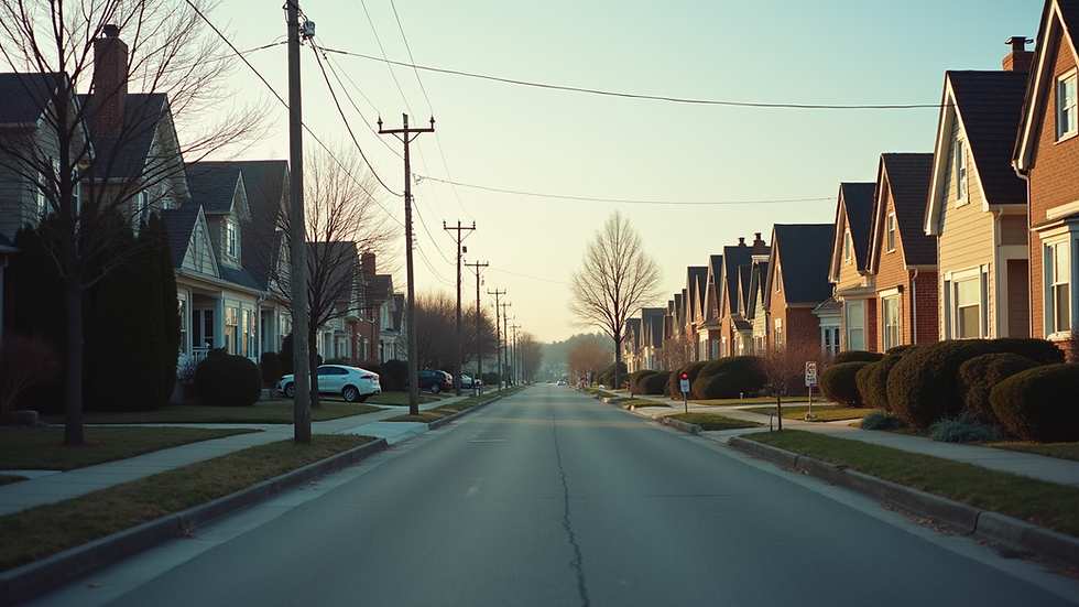 Eye-level view of a quiet suburban street with houses lined up