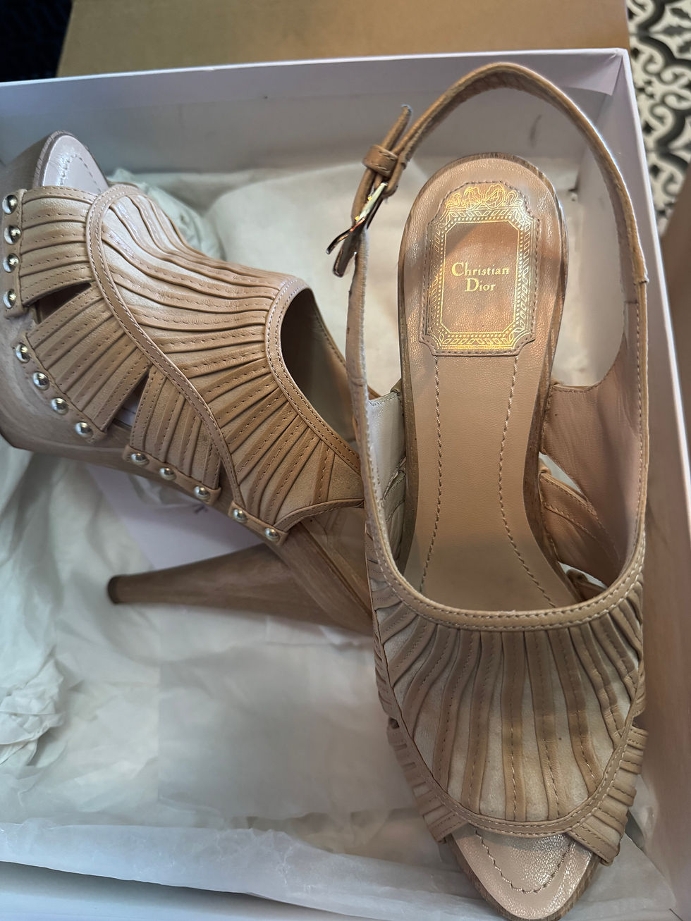 Thumbnail: Christian Dior Beige Leather Platform Studded Peep Toe Buckle Women's Heels 38.5