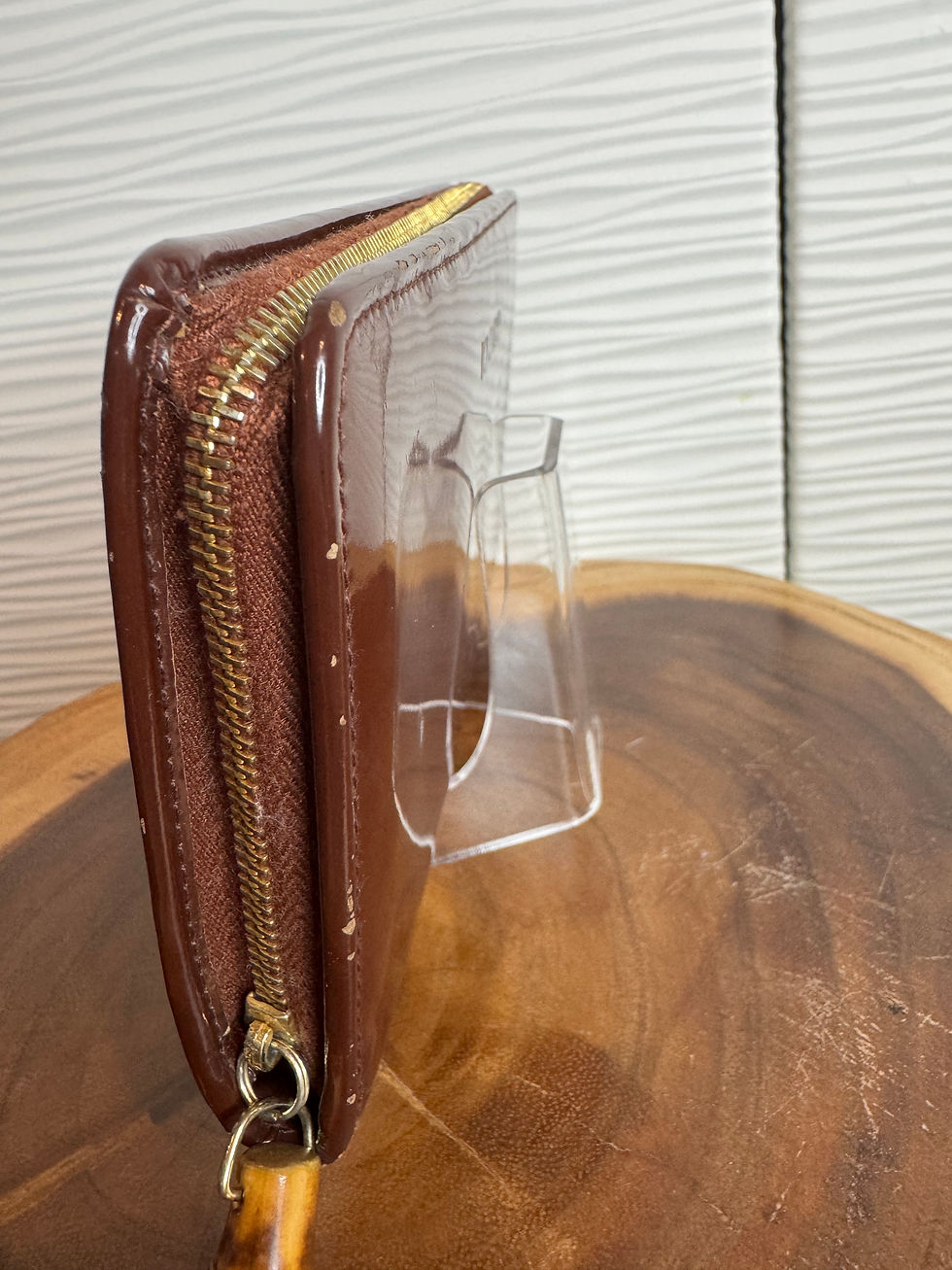 Thumbnail: Vintage Gucci Patent Leather Long Wallet Zip Around In Caramel Brown With Box.