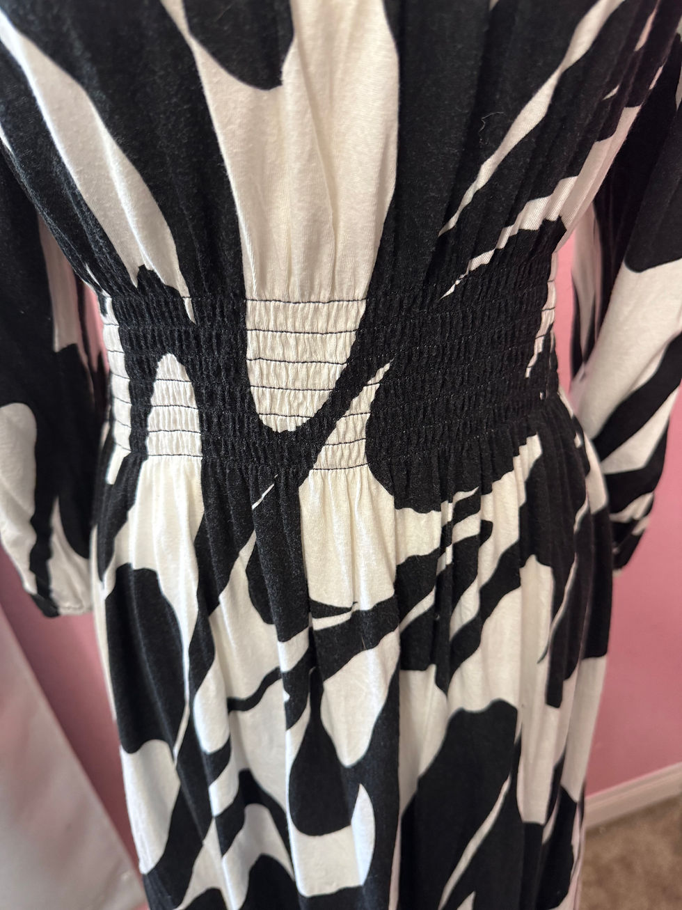 Thumbnail: MICHAEL Michael Kors Abstract Knit A-Line Dress Black White Smocked Waist M