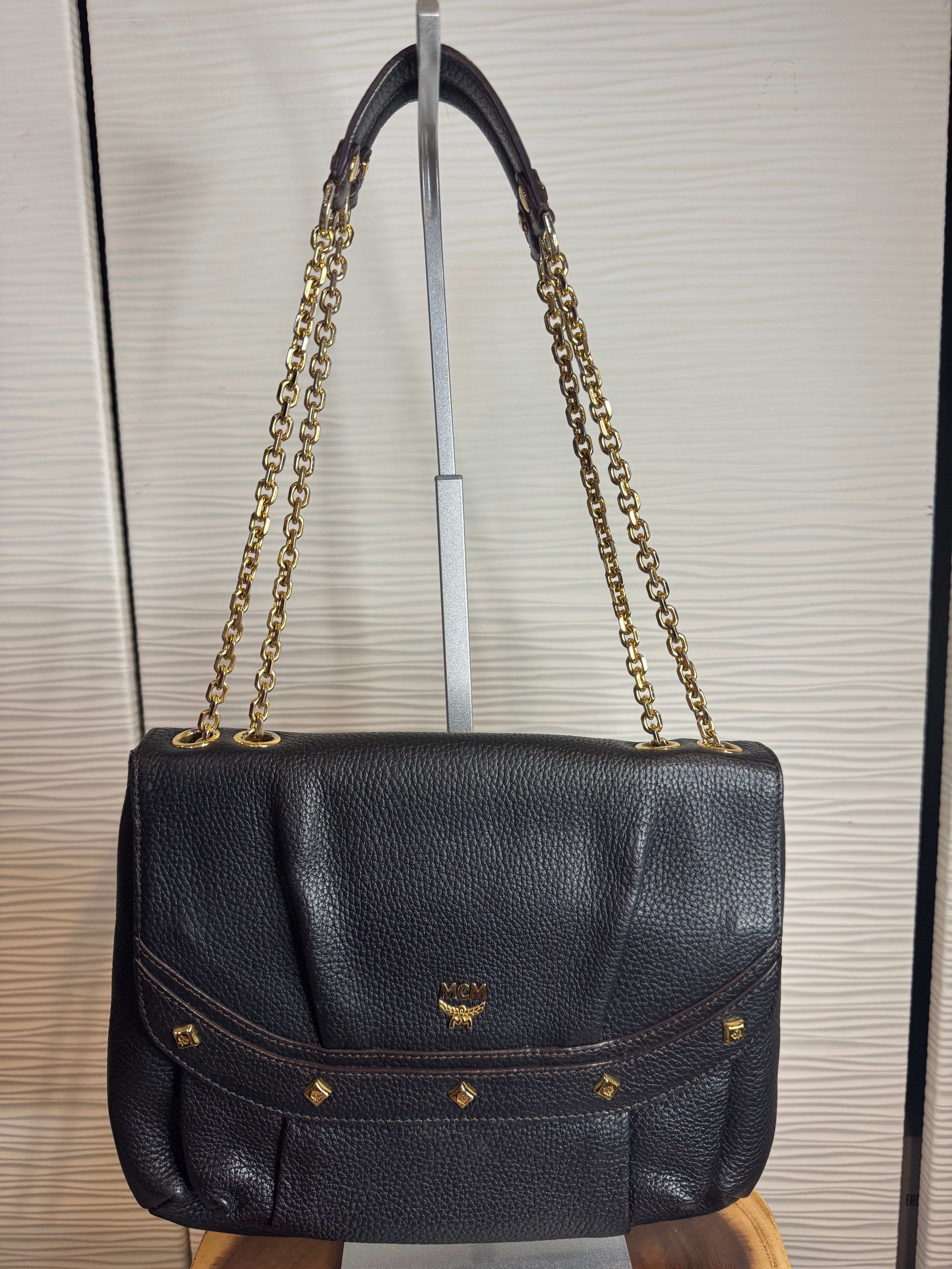 MCM Pebbled Calfskin Leather Studded Flap Shoulder Bag-Black W Gold Chain