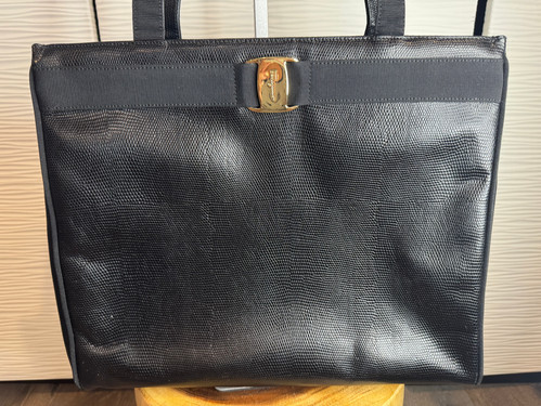 Vintage Salvatore Ferragamo Vara Bow Tote Bag Black Lizard