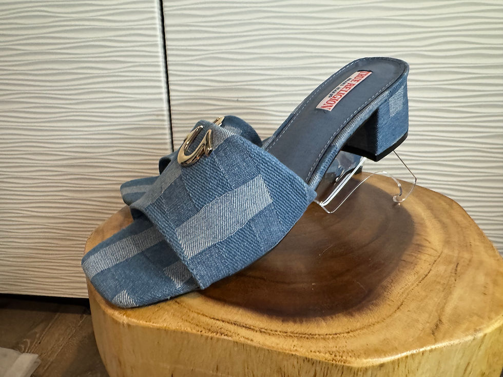 Thumbnail: True Religion Denim Slide Sandals Silver Horseshoe Logo Blue Sz 8 New