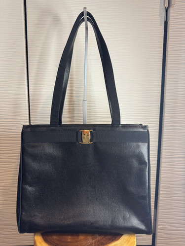 Vintage Salvatore Ferragamo Vara Bow Tote Bag Black Lizard