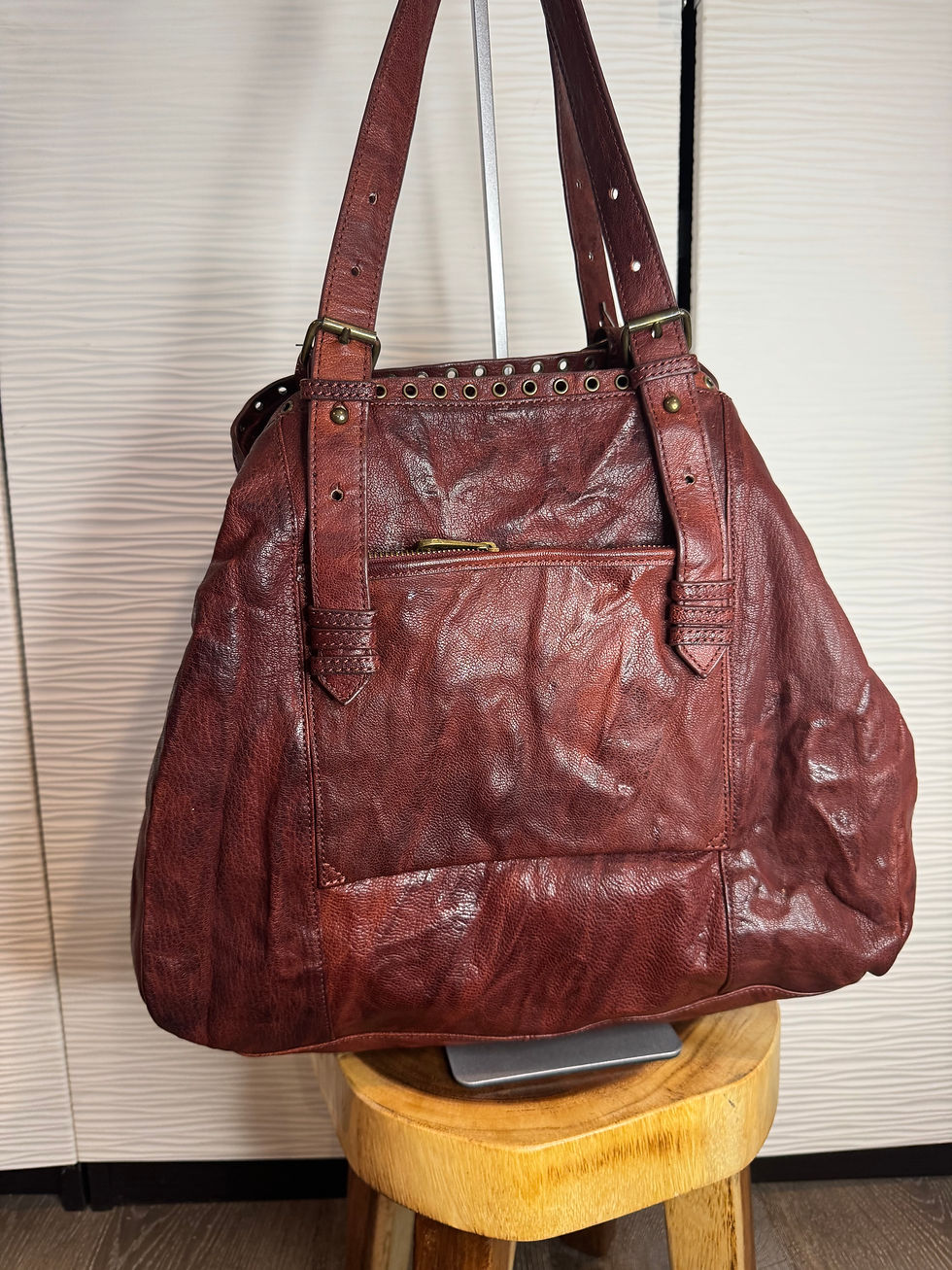 Thumbnail: Joelle Hawkens Cognac/ Burgundy 100% Lambskin Leather Grommet Tote /Shoulder Bag