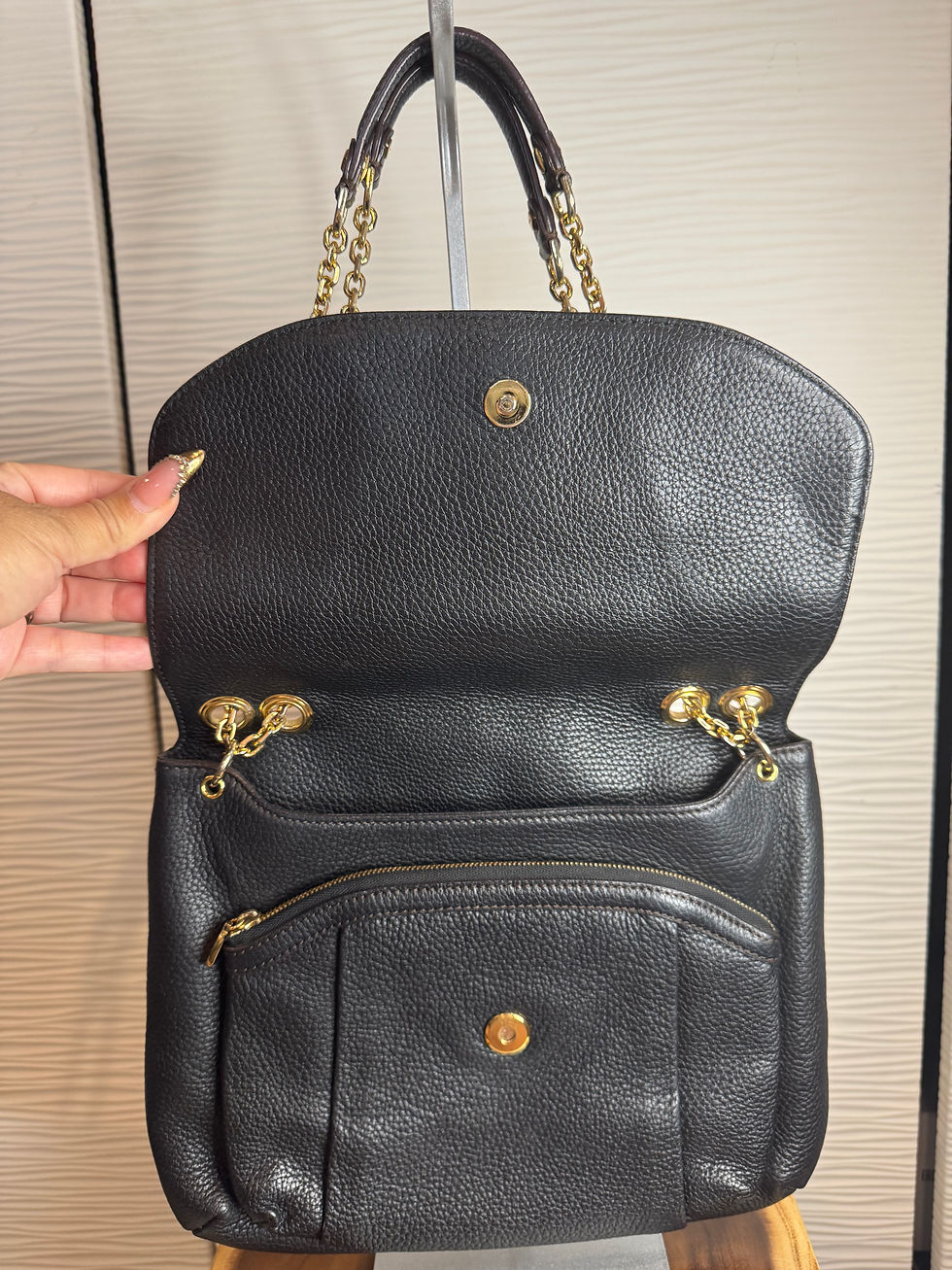 Thumbnail: MCM Pebbled Calfskin Leather Studded Flap Shoulder Bag-Black W Gold Chain