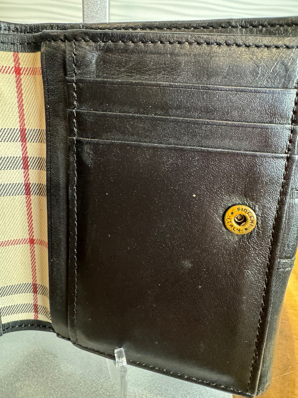 Thumbnail: Burberry Vintage Black Leather Compact Bi-Fold Wallet with Nova Check Accents
