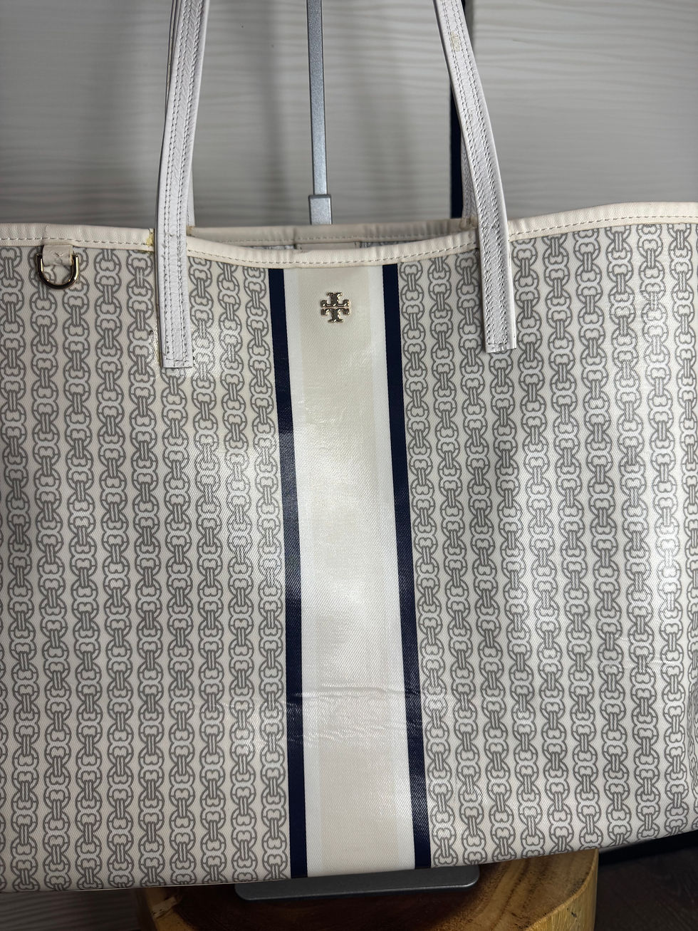 Thumbnail: Tory Burch Gemini Link Coated Canvas Leather Tote Bag Gray White 