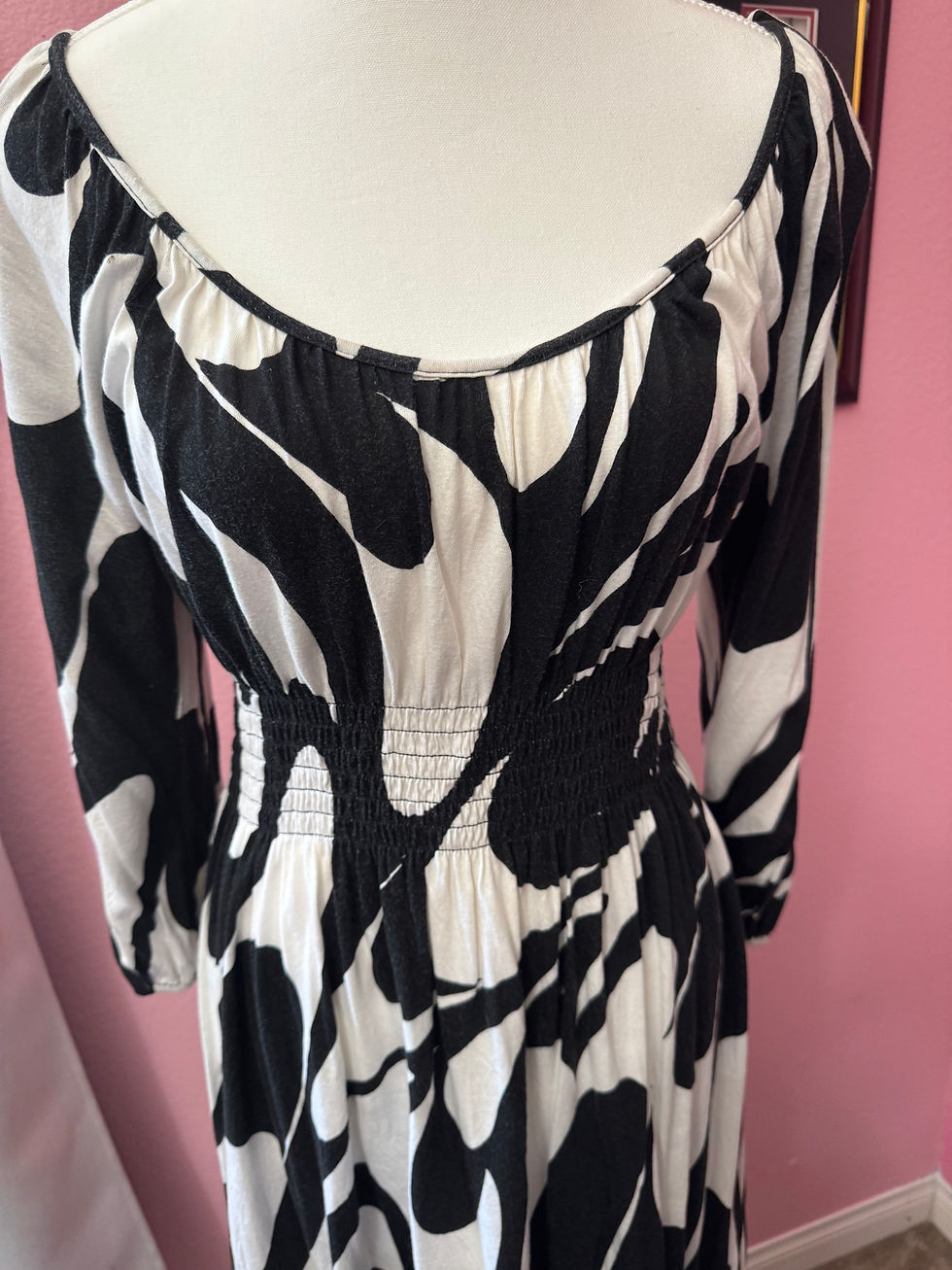 Thumbnail: MICHAEL Michael Kors Abstract Knit A-Line Dress Black White Smocked Waist M