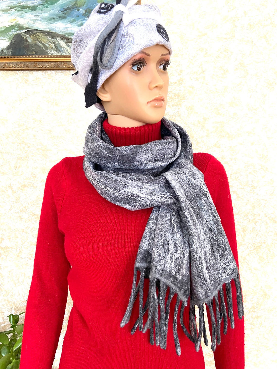 Felted grey cobweb scarf