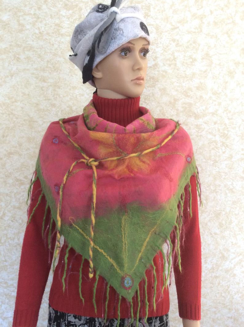 Thumbnail: Nuno felted women's scarf, Wrap wool scarf, Felt triangular scarf