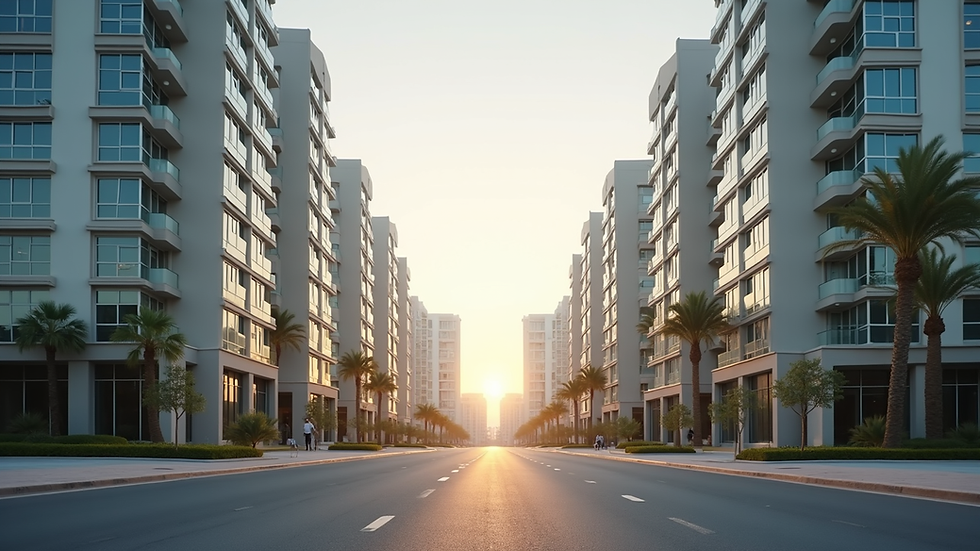 Eye-level view of a modern Dubai skyline with residential buildings