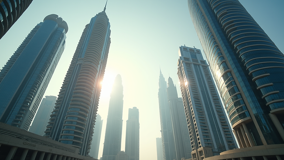 Eye-level view of a modern Dubai skyline with high-rise buildings