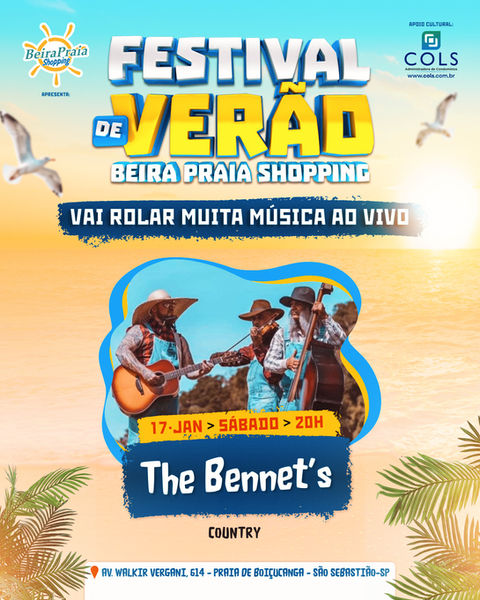 Festival de Verão 2026
Música ao vivo com The Bennet's, sábado, 17 de janeiro, na praça de alimentação do Beira Praia Shopping.