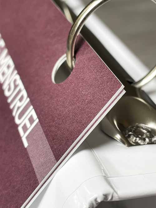 Vue rapprochée sur l’épaisseur des fiches A4 en PVC rigide et sur les anneaux du classeur chevalet, soulignant la robustesse du support et la fluidité de présentation.