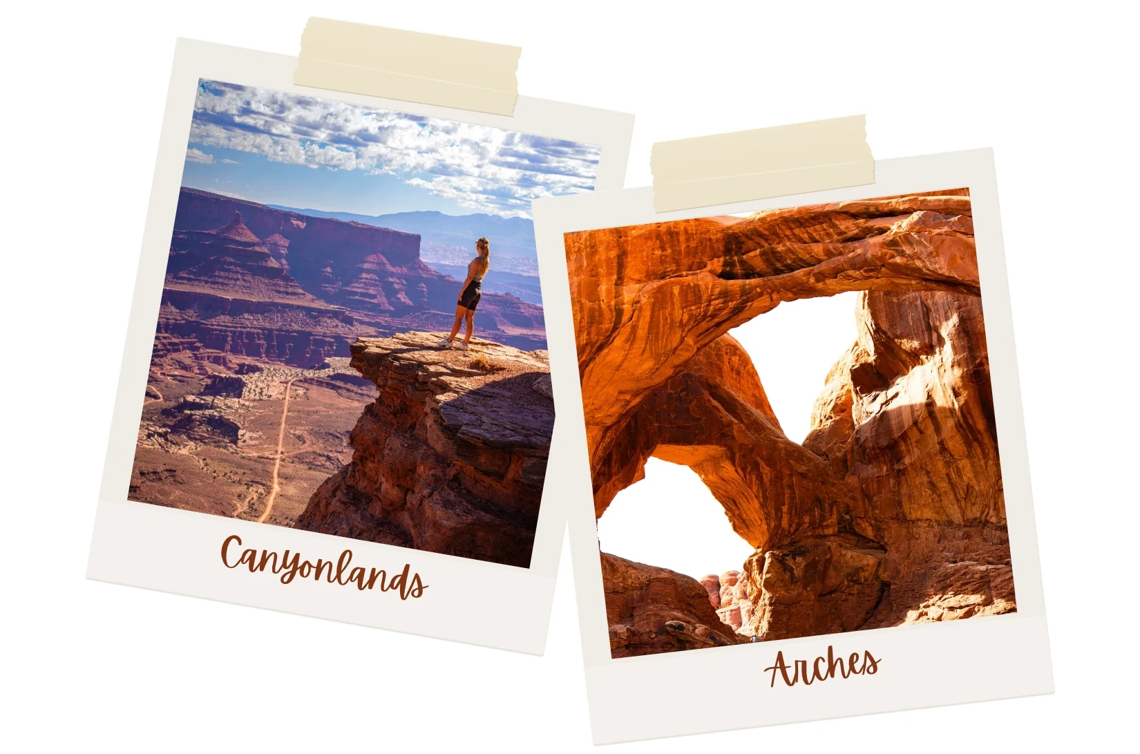 Side-by-side photos comparing Canyonlands National Park's dramatic canyon overlooks with Double Arch in Arches National Park, Utah.