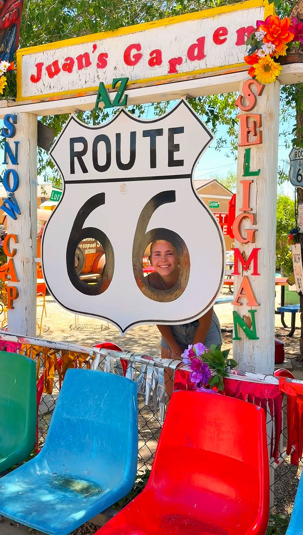 Route 66 sign in Seligman Arizona at Juan's Garden