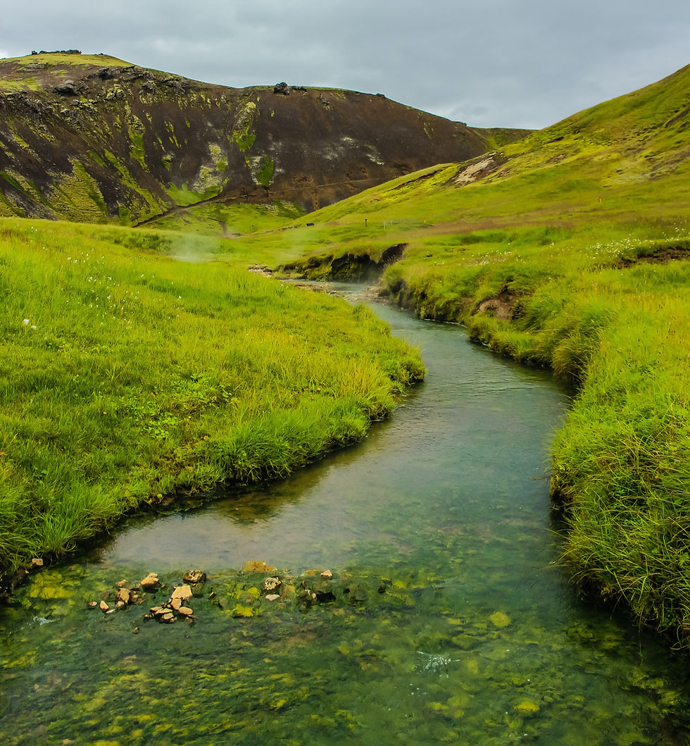 Reykjadalur hot spring thermal river in Iceland surrounded by green hills and steam rising from the water