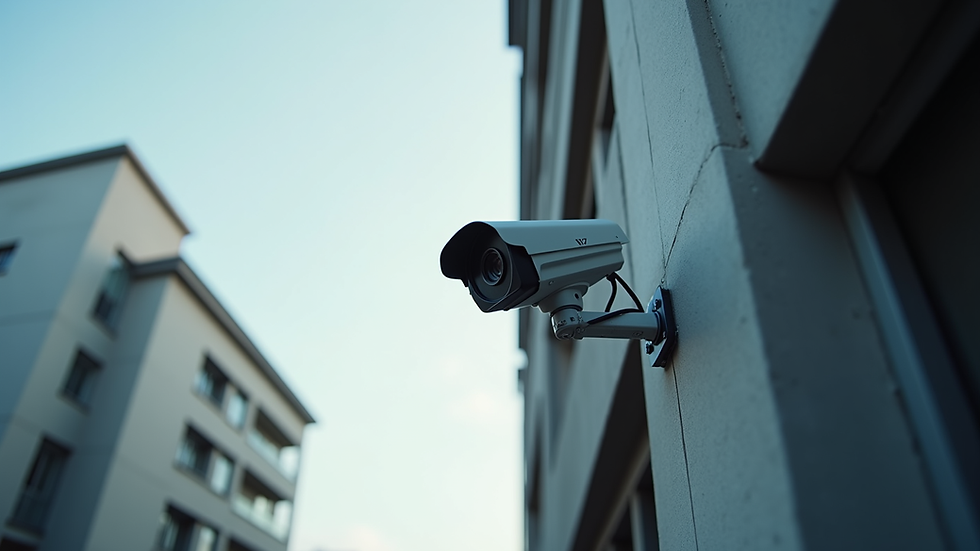 Eye-level view of a CCTV camera mounted on a building corner