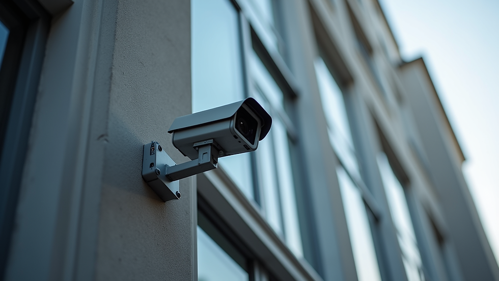 Eye-level view of a CCTV camera mounted on a building corner