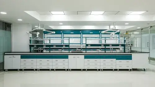 High angle view of a laboratory featuring modular furniture with integrated technology