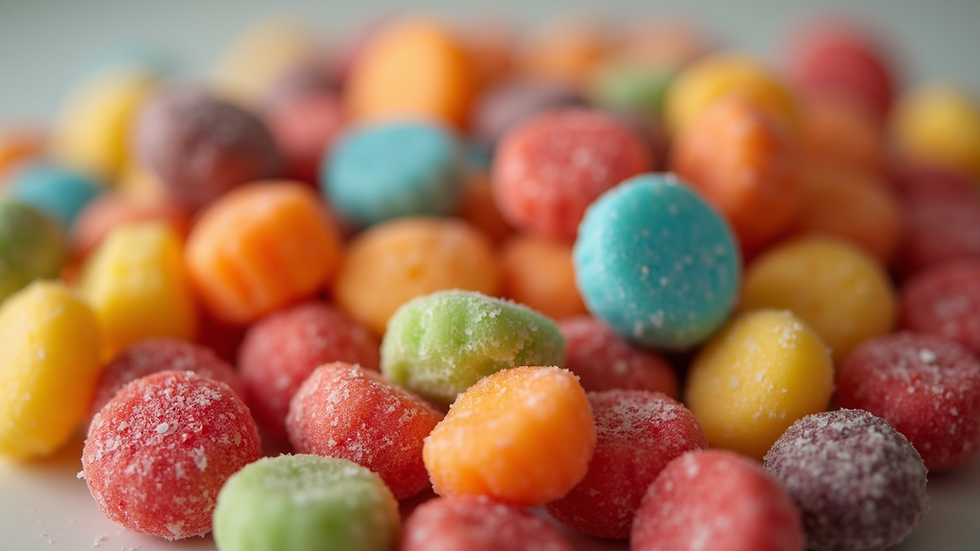 Close-up view of assorted sweets in colorful packaging