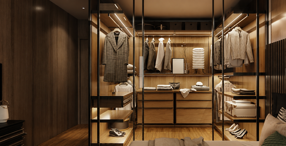Vestidor con arquitectura de interiores moderna y madera.