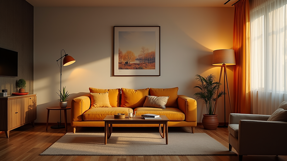Eye-level view of a cozy Airbnb living room with warm lighting